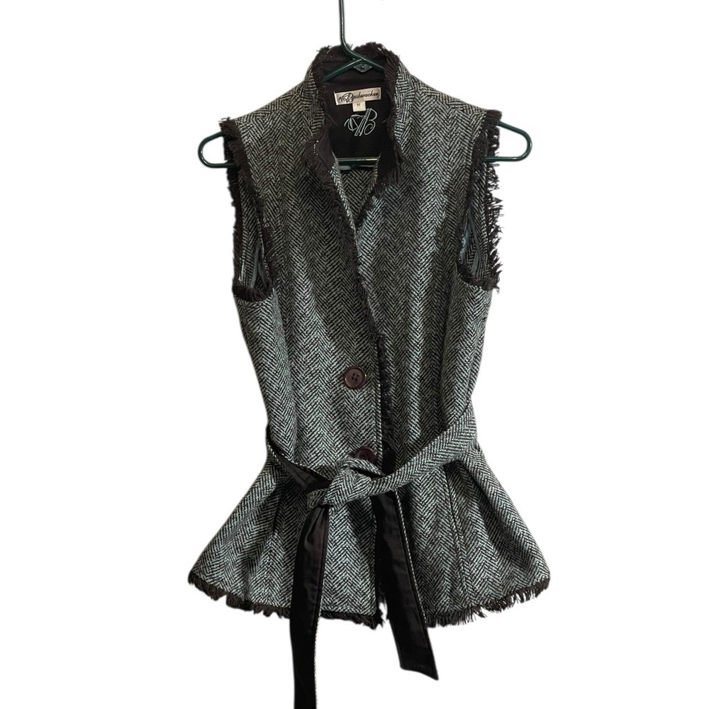 Bushwacker Vest Jacket Women M Brown Belt Fringe Tweed Pocket Academia